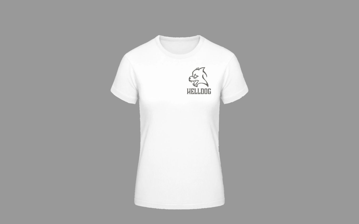 Weiße T-Shirt mit schwarzem Druck Helldog auf der linken Brustseite.